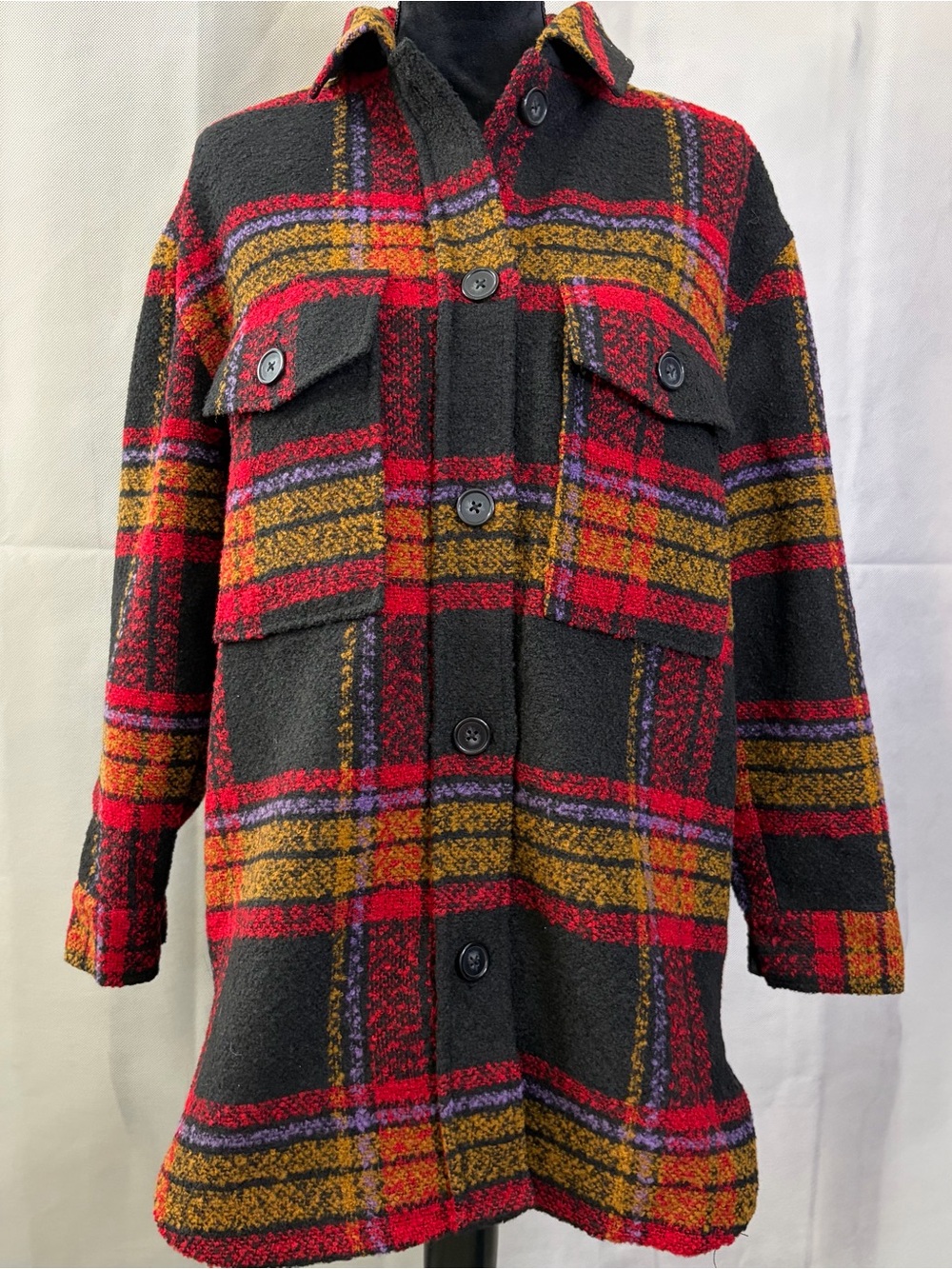 For The Republic Black Plaid Shacket with Red and Mustard Accents